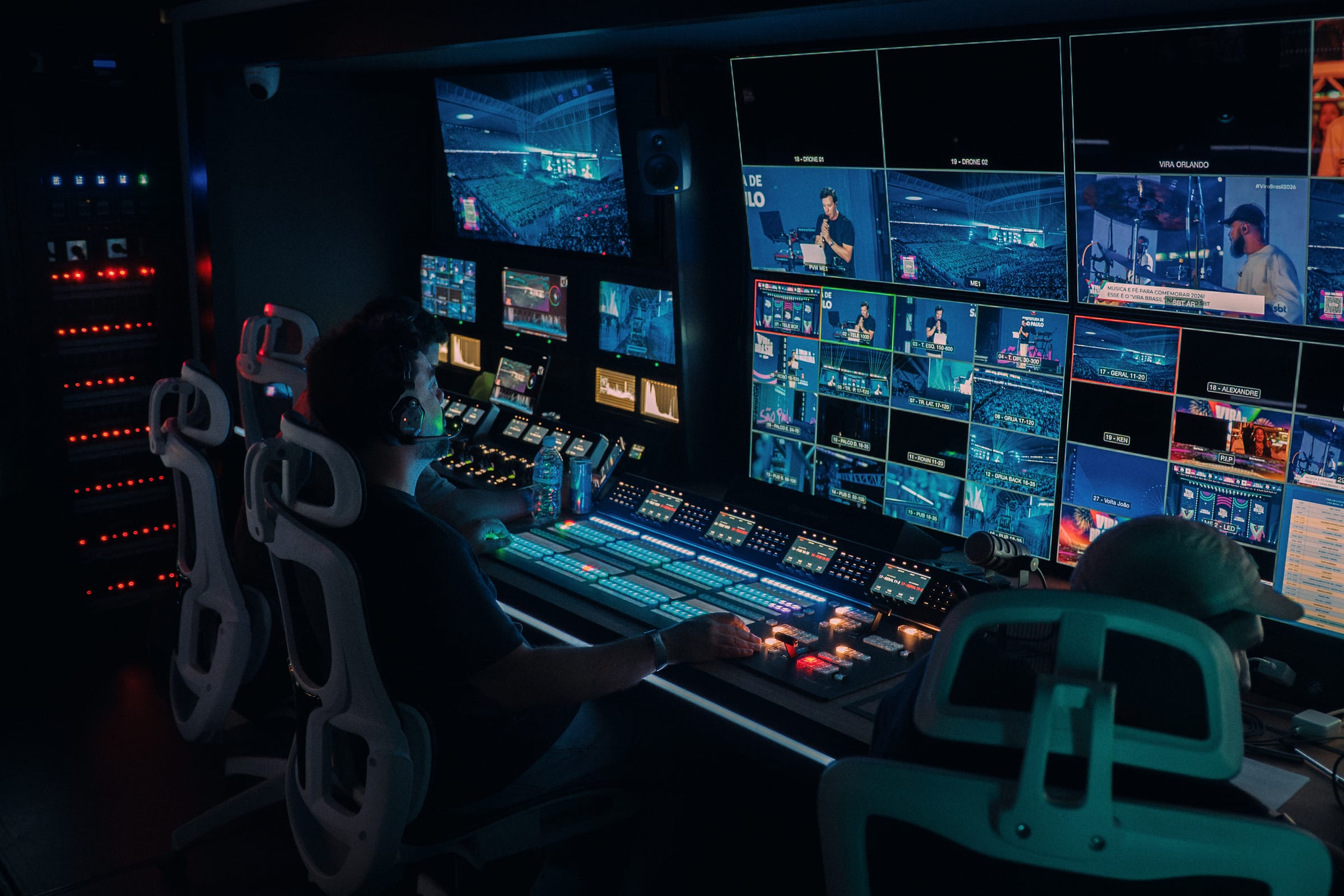 Sala de controle de transmissão profissional, Telinho dirigindo produção ao vivo